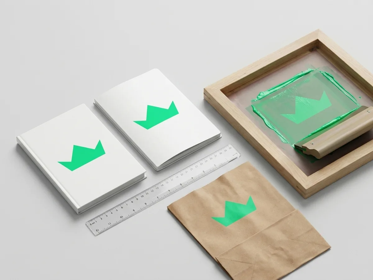 Blocos de notas, régua e sacola de papel impressos em silk screen, ao lado da tela e do rodo