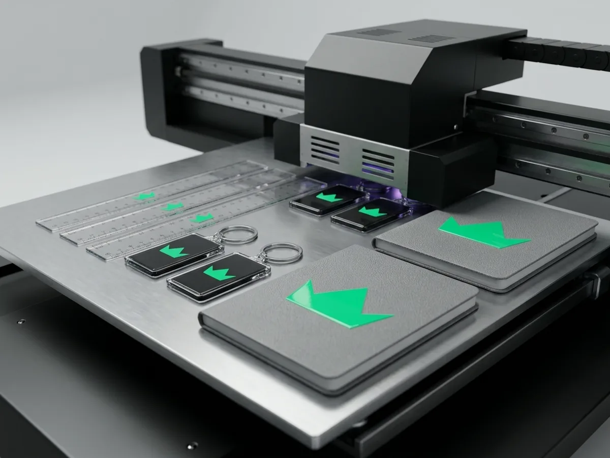 Impressora UV digital imprimindo direto em réguas, chaveiros e capas de bloco