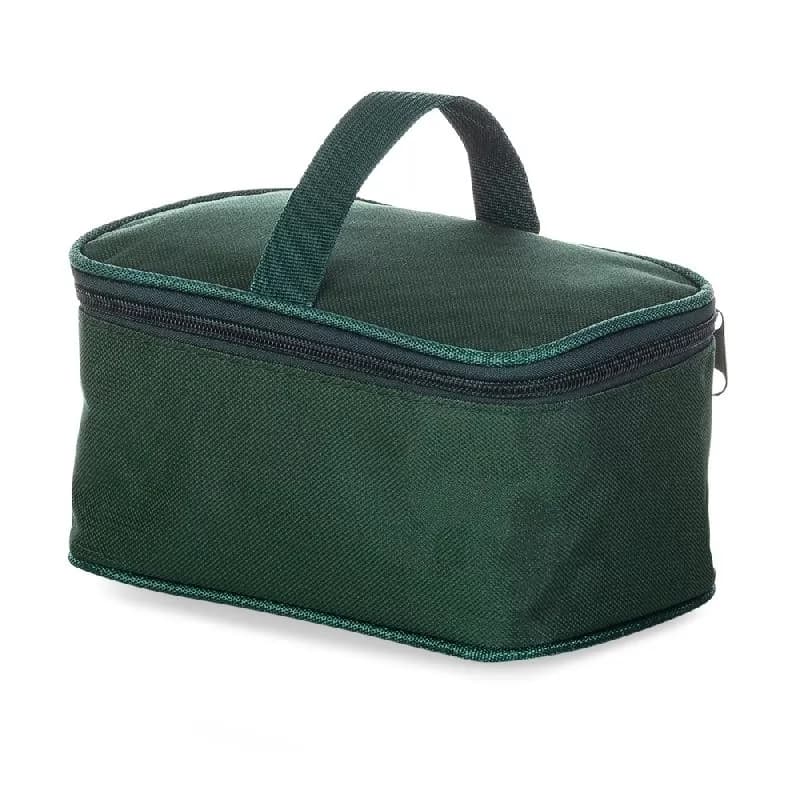 Bolsa térmica de nylon 3 litros na cor verde escuro com alça de mão e fechamento em zíper sobre fundo branco