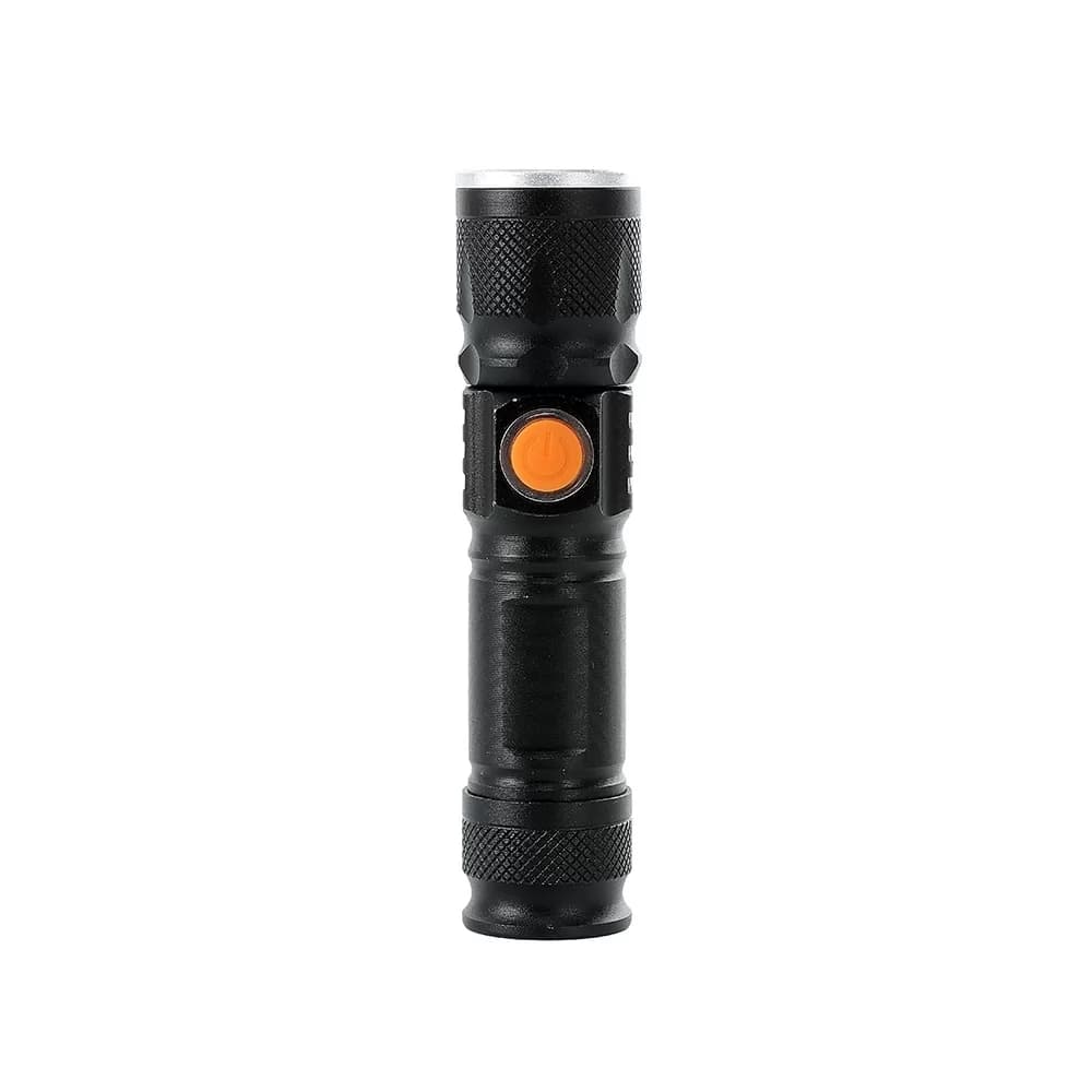 Lanterna LED de metal recarregável com zoom na cor preta com botão laranja em vista frontal sobre fundo branco