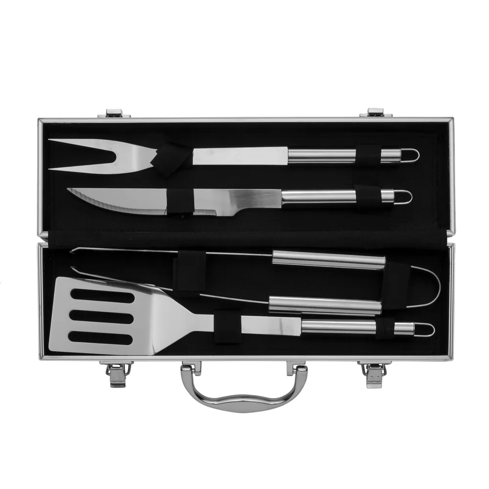 Kit churrasco prata em maleta aberta com garfo, faca, pegador e espátula de inox