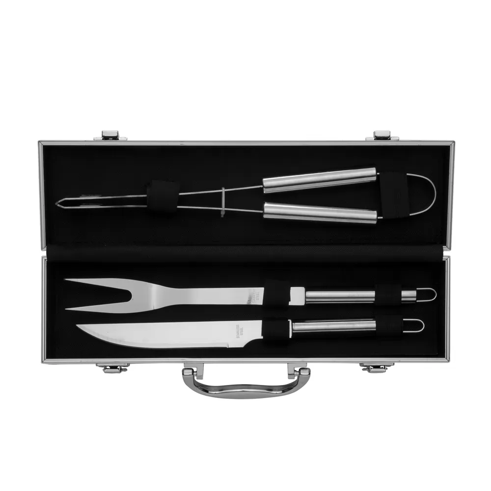 Kit churrasco 3 itens com pegador, garfo e faca de inox dentro de maleta prata aberta