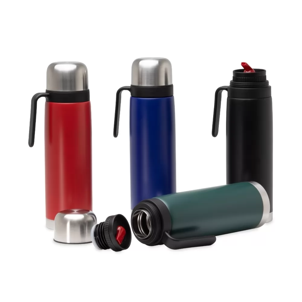 Garrafas térmicas inox 750ml com alça lateral nas cores vermelha, azul, preta e verde