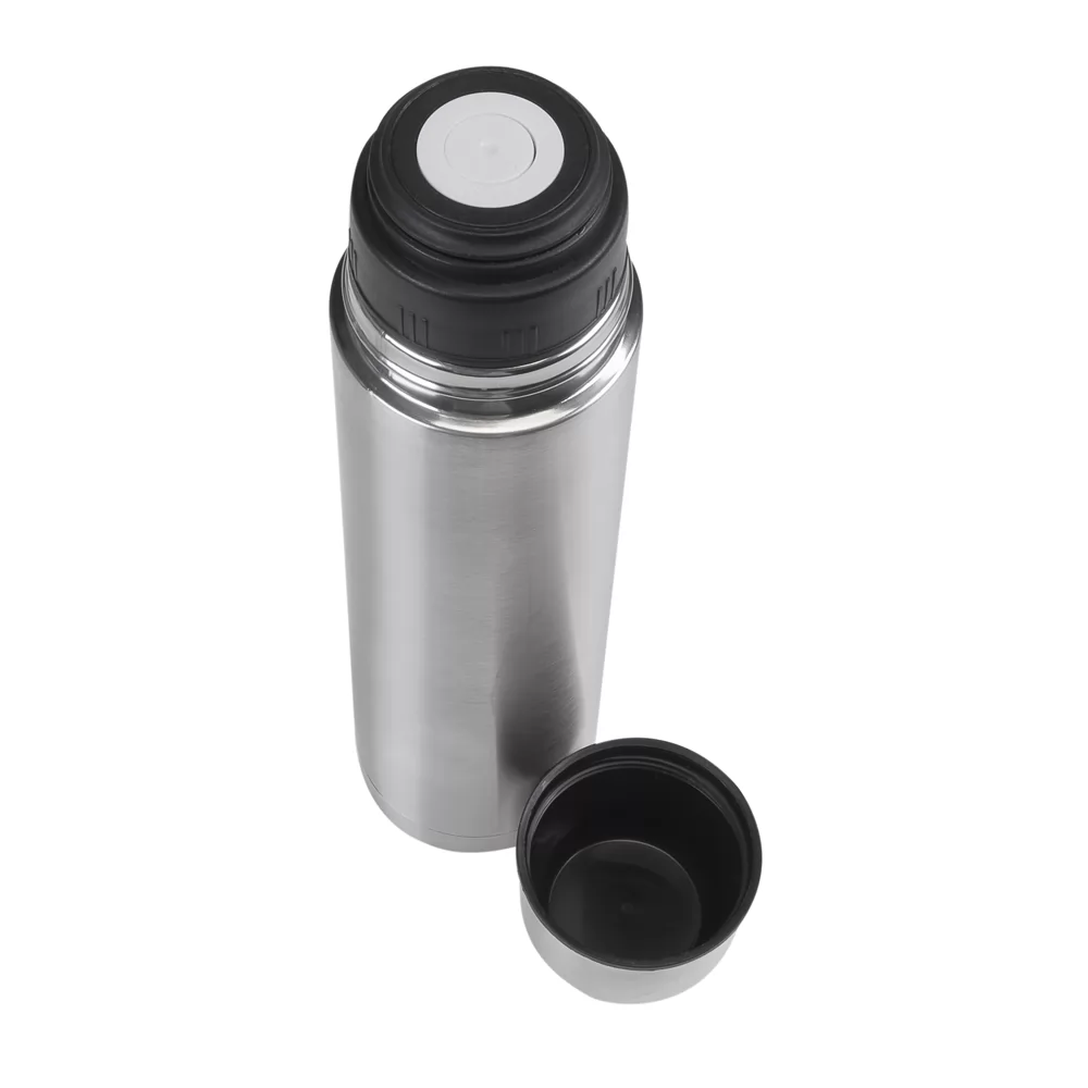 Garrafa térmica inox prata com tampa desrosqueada ao lado e válvula dosadora em ângulo superior