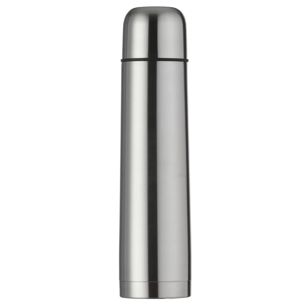 Garrafa térmica inox prata com tampa desrosqueada ao lado e válvula dosadora em ângulo superior