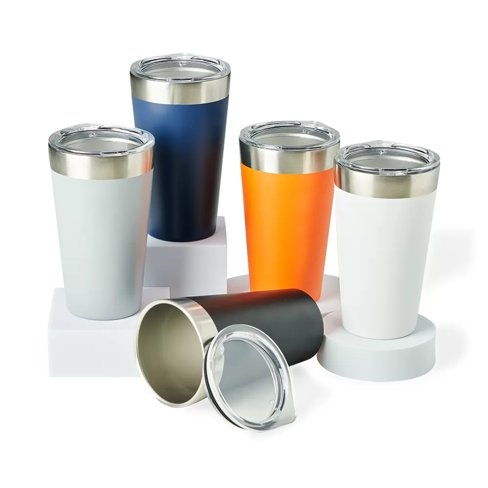 Copos térmicos de inox 473ml nas cores azul, branco, cinza, laranja e preto com tampa