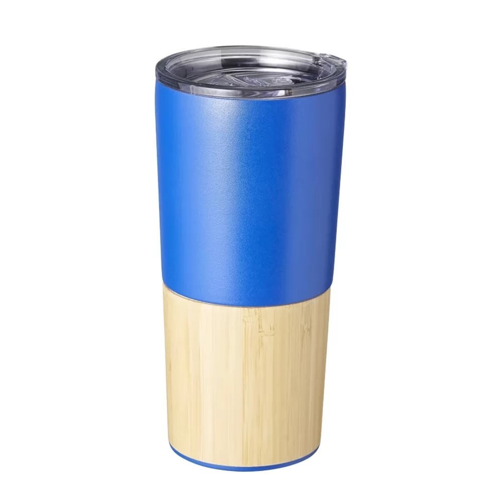 Copos térmicos de inox com bambu 600ml em várias cores, com modelo preto deitado e tampa transparente
