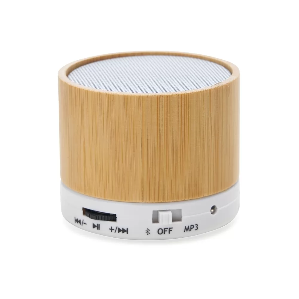 Caixa de som multimídia de bambu com base branca e botões de controle em vista frontal