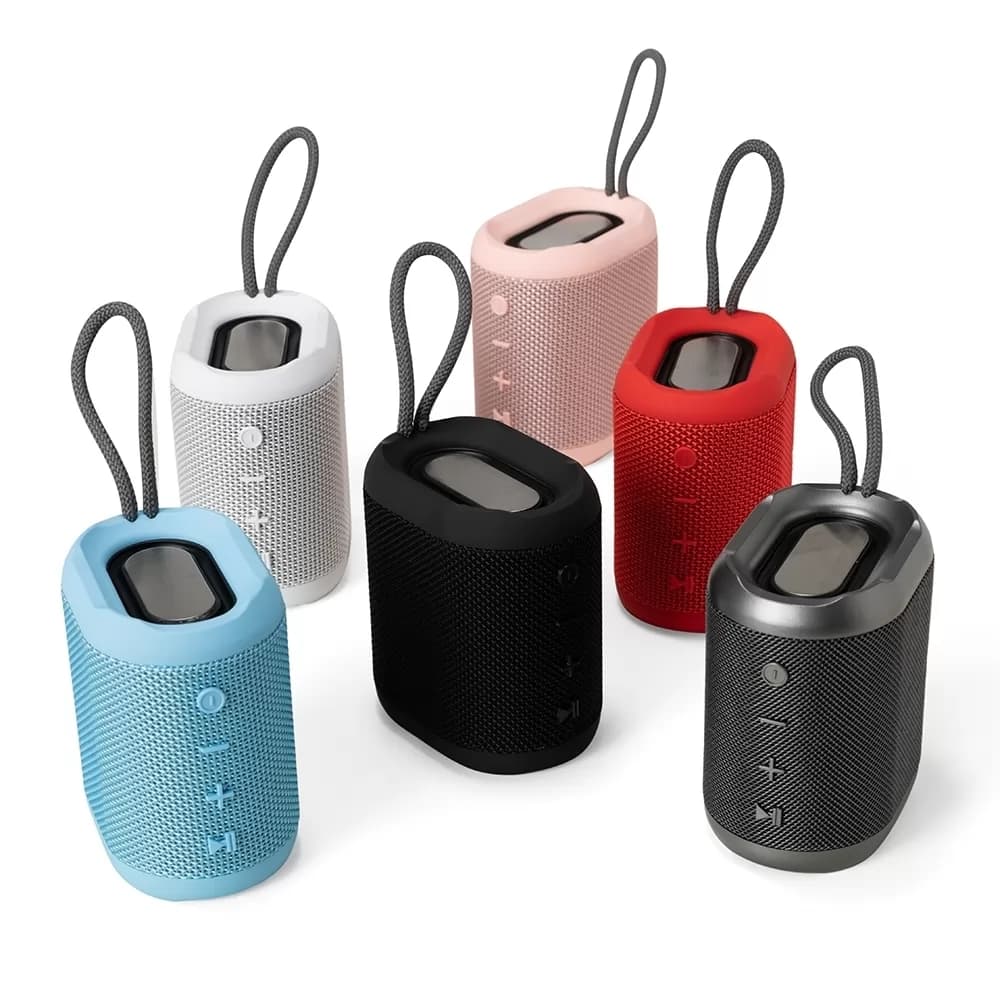 Caixas de som multimídia coloridas com alça em azul, branco, chumbo, preto, rosa e vermelho