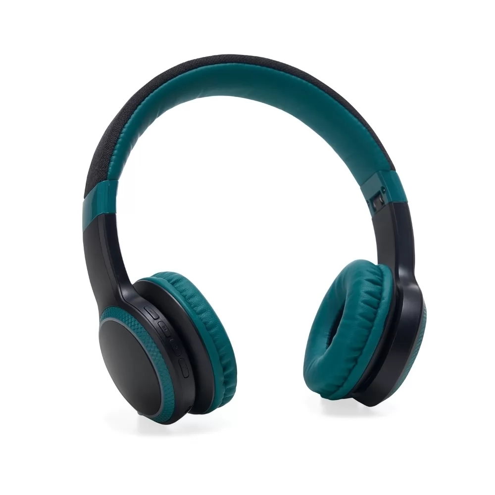 Fone de ouvido bluetooth colorido nas cores verde e preto com almofadas acolchoadas em fundo branco