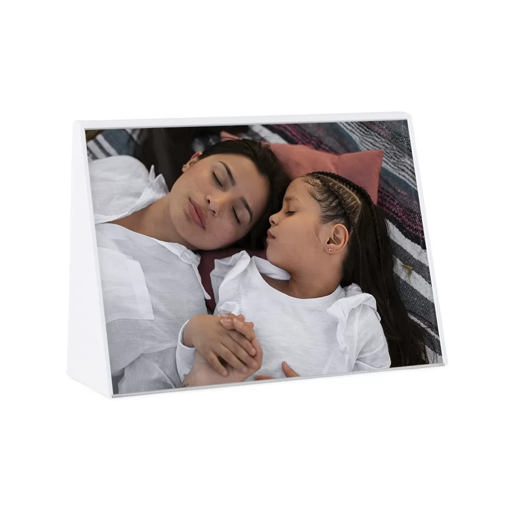 Expositor porta-retrato A5 de mesa nas cores preta e branca com impressão personalizada