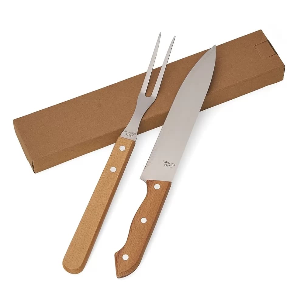 Kit churrasco com faca e garfo em inox com cabo de madeira e caixa de papelão kraft