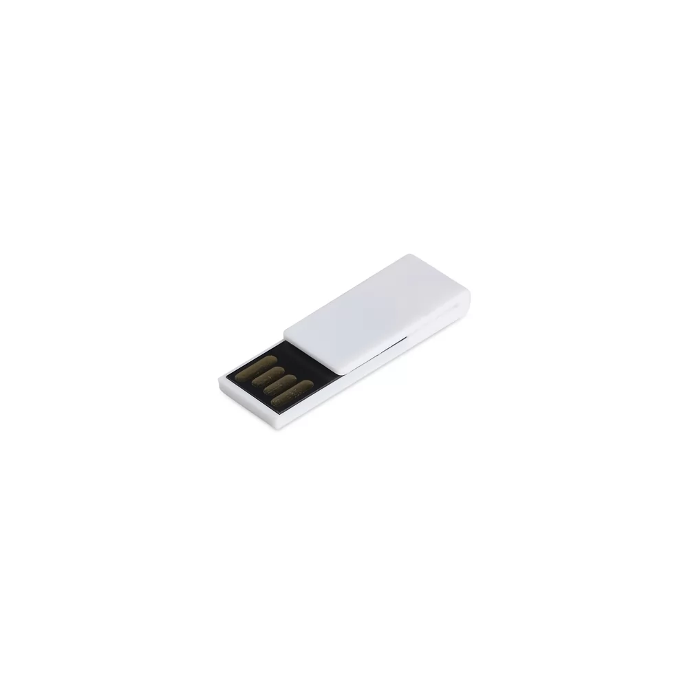 Pen drive clip 8GB branco em plástico com conector exposto sobre fundo branco