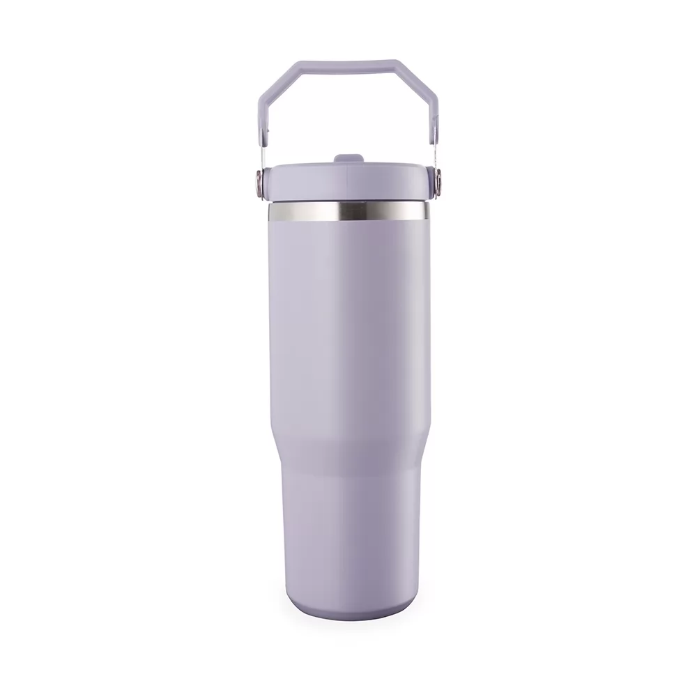 Copo térmico inox 800ml roxo com alça articulada e tampa sobre fundo branco
