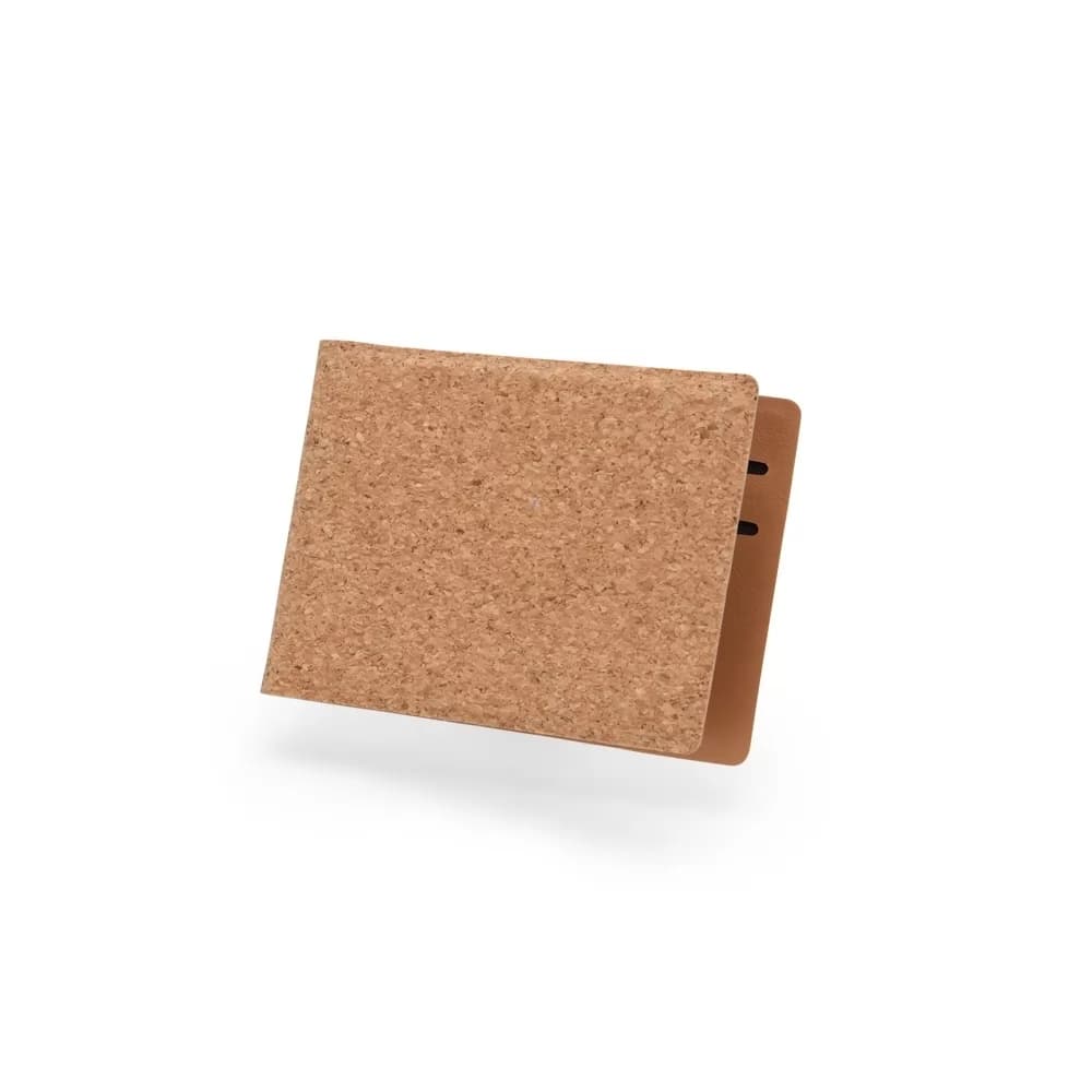 Porta-cartão em cortiça bege semiaberto com textura natural e divisória interna aparente