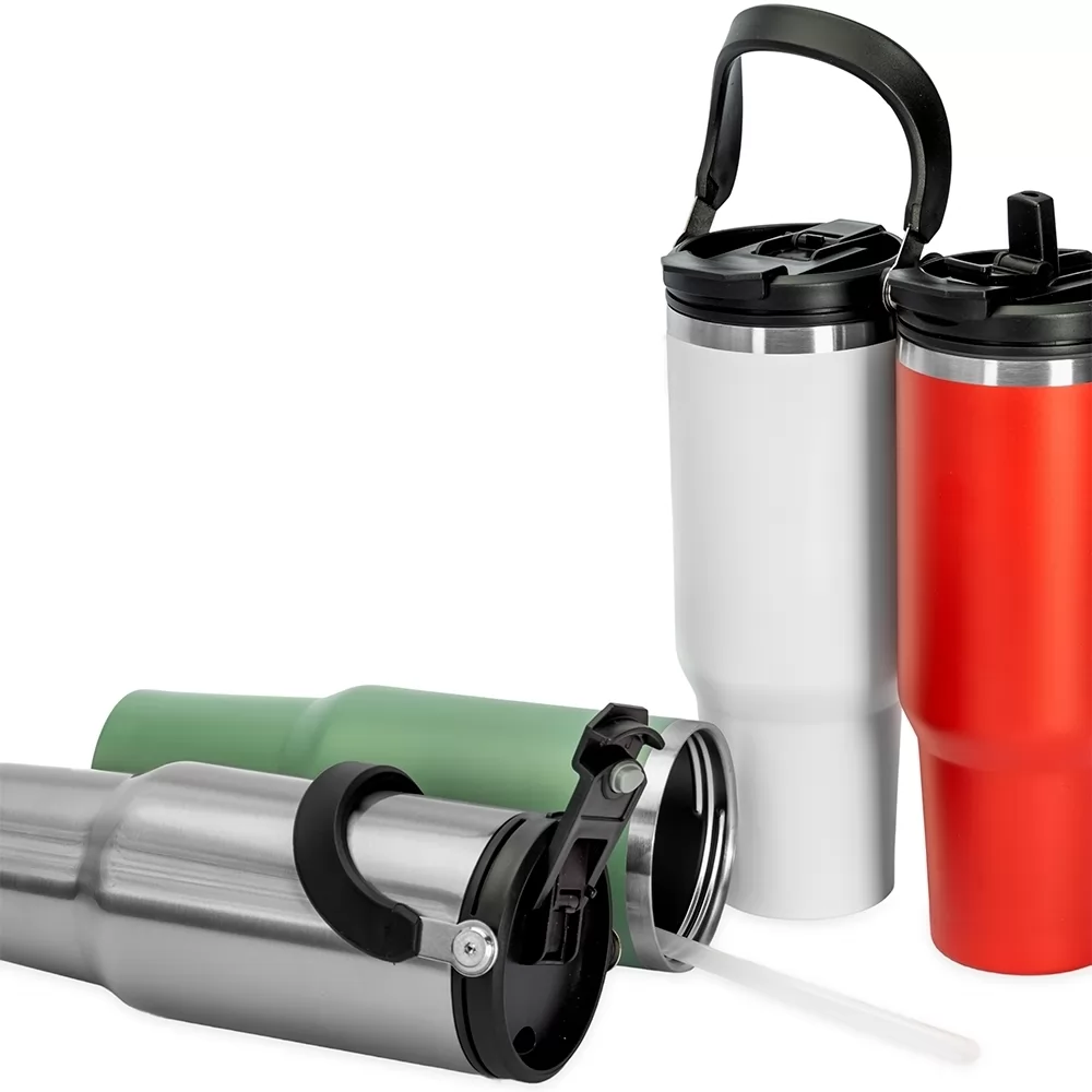 Copos térmicos de 1,25L em inox, verde, branco e vermelho com tampa e alça articulada