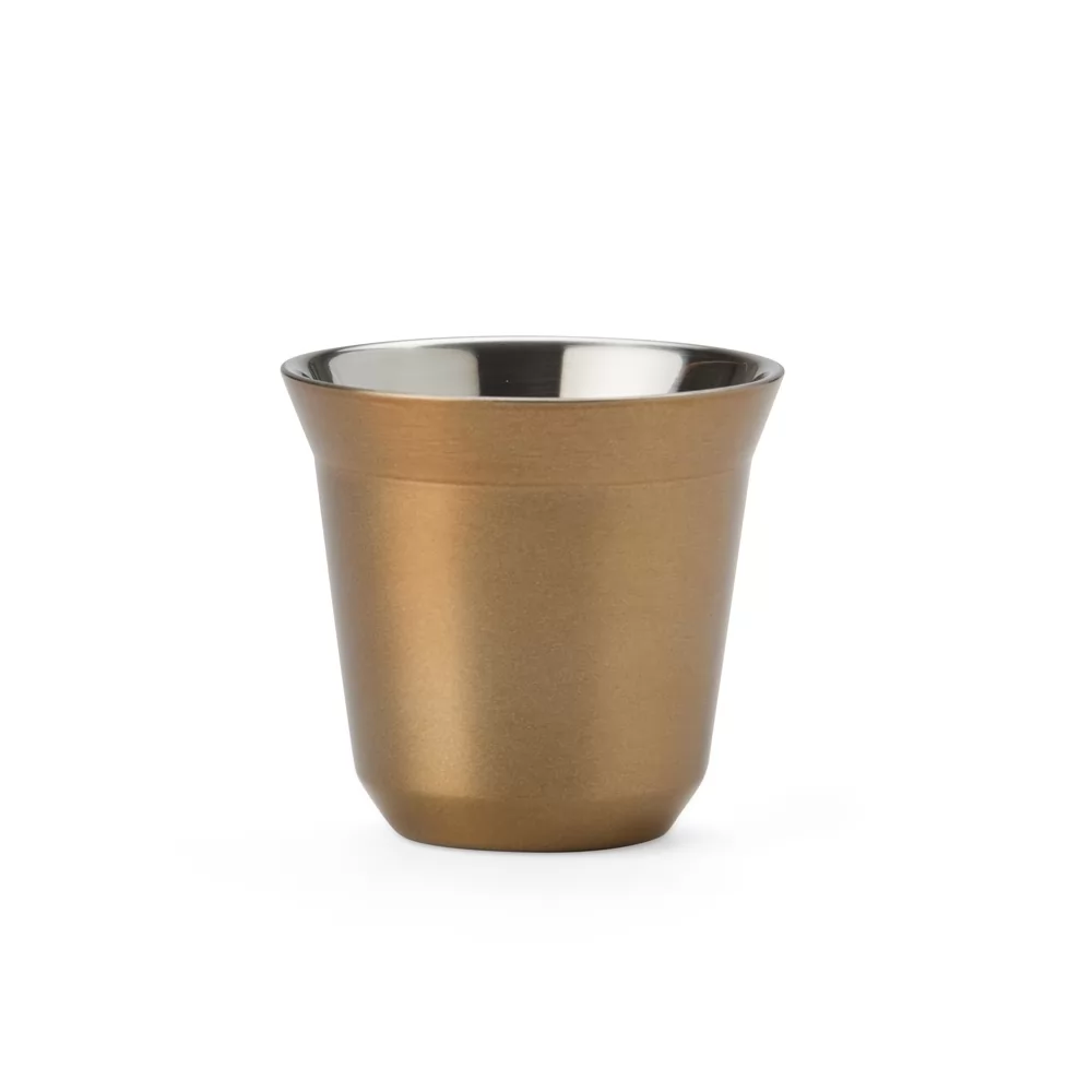 Copo térmico de inox 80ml na cor dourada com interior prateado sobre fundo branco