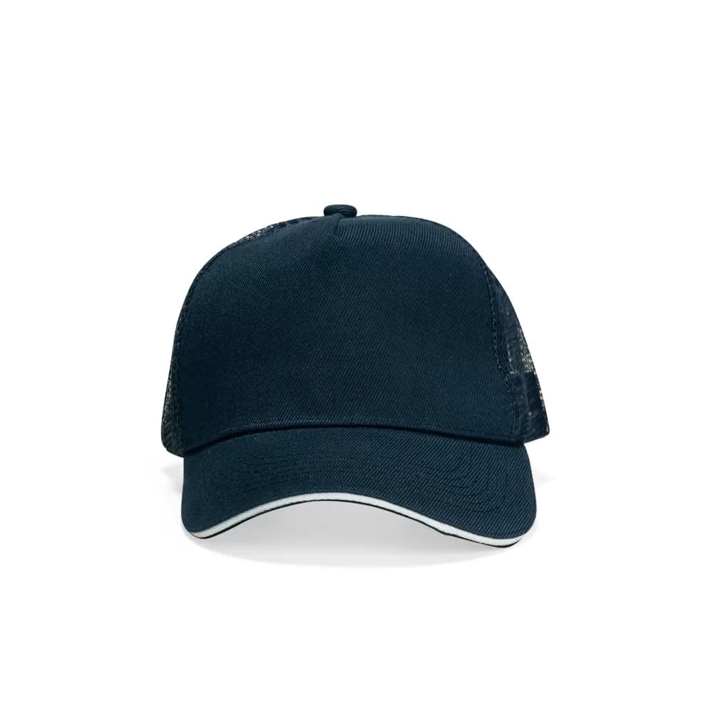 Boné trucker azul-marinho em vista de três quartos, com frente lisa, traseira em tela e aba curva com friso branco