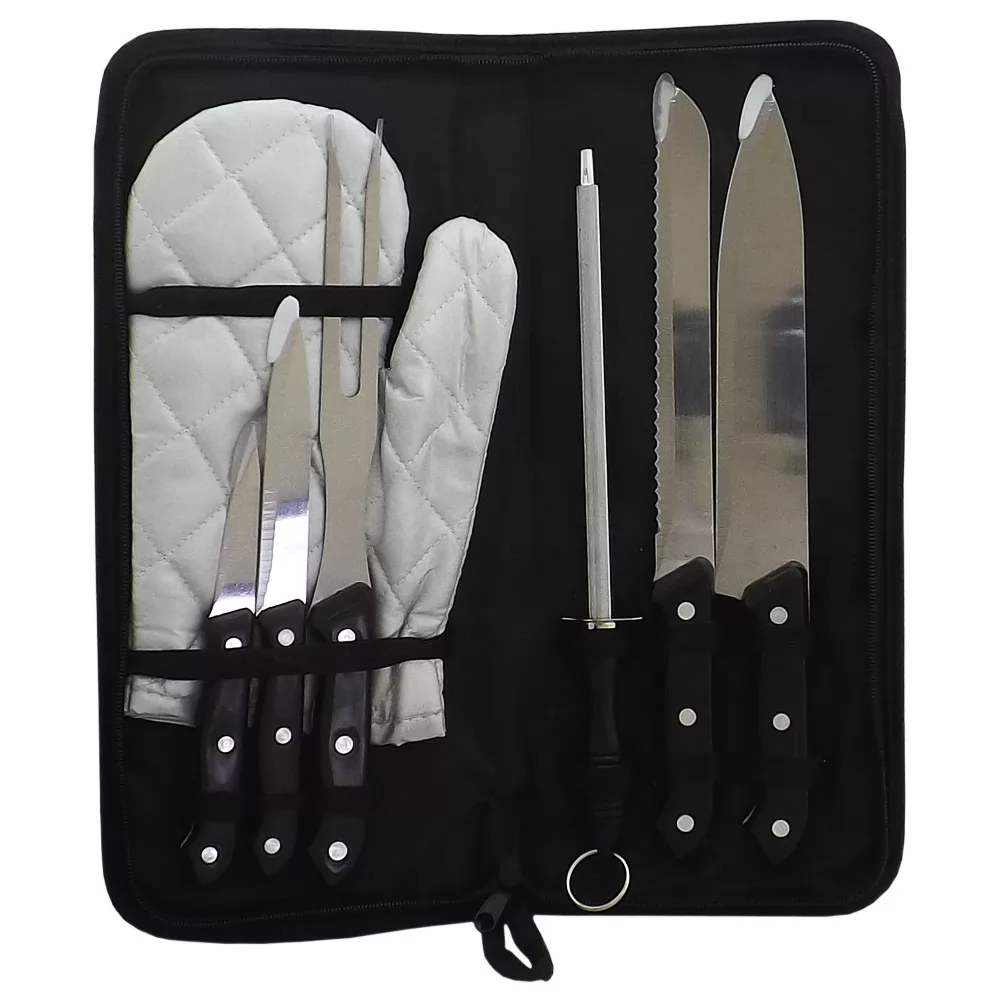 Kit churrasco 7 itens em estojo preto aberto com facas, garfo, chaira de inox e luva térmica
