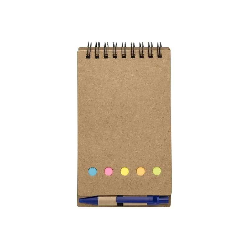 Bloco de anotações em kraft com espiral no topo, autoadesivos coloridos e caneta azul acoplada