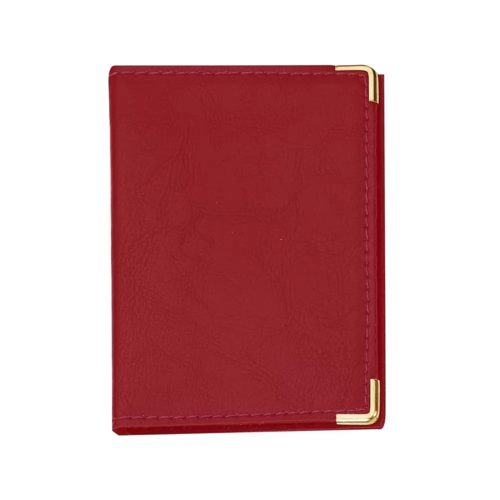 Porta-documentos em couro sintético vermelho fechado com detalhes metálicos dourados nos cantos