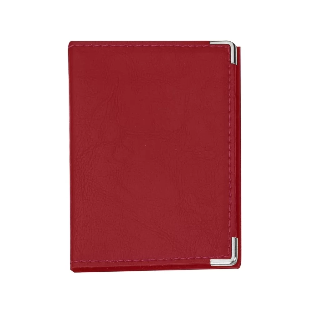 Porta documento em couro sintético vermelho fechado com cantoneiras metálicas prateadas