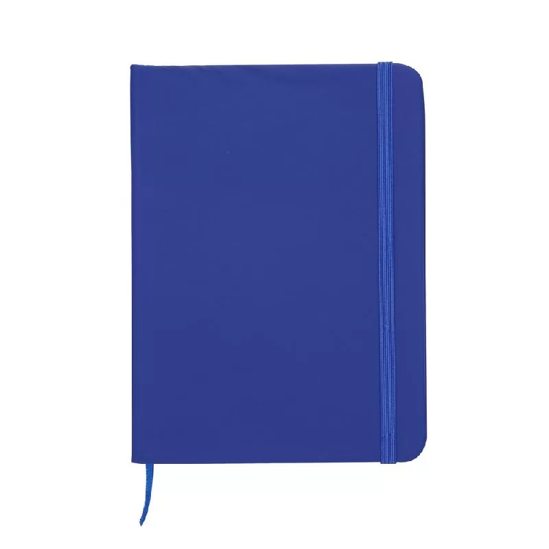 Caderneta tipo Moleskine azul fechada com elástico vertical e fita marcadora de página