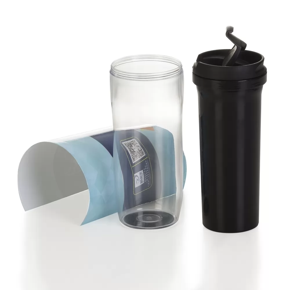 Copo porta-foto 350ml em plástico transparente com tampa preta e arte geométrica inserida