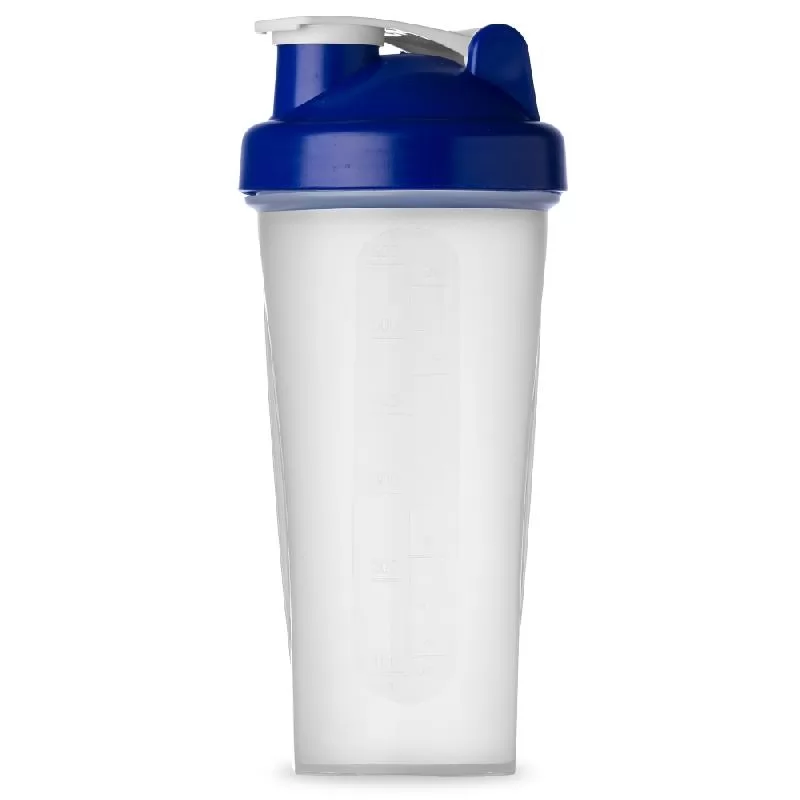 Coqueteleira Shake 600 ml em plástico translúcido com tampa azul e bico dosador em fundo branco