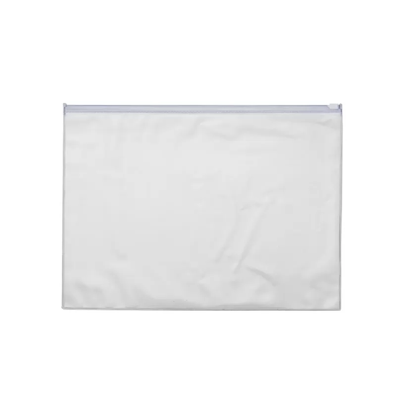 Pasta zip zap transparente em plástico com fecho superior de trilho e fundo branco