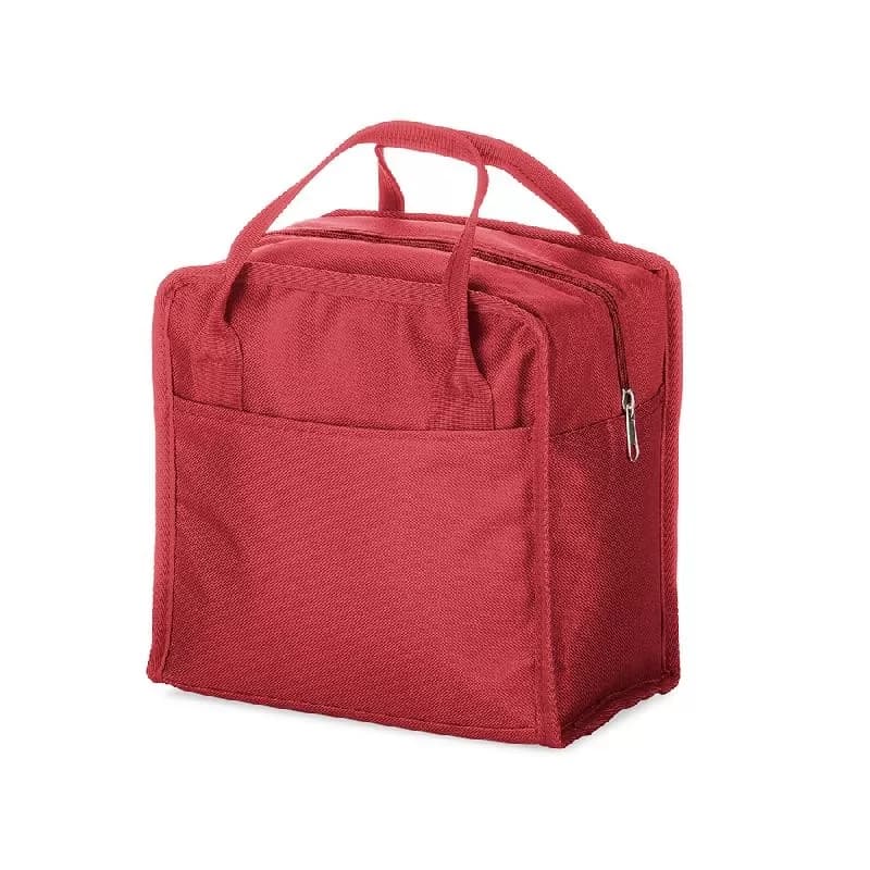 Bolsa térmica 7 litros em nylon vermelho com alça de mão dupla e zíper sobre fundo branco