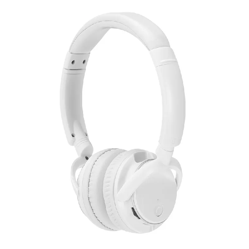 Fone de ouvido bluetooth branco com haste acolchoada e acabamento fosco em ângulo sobre fundo branco
