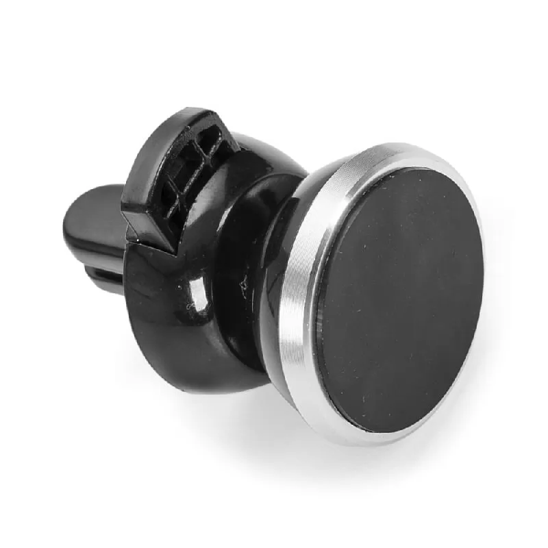 Suporte veicular magnético em plástico preto com detalhe prata circular e clipe para saída de ar