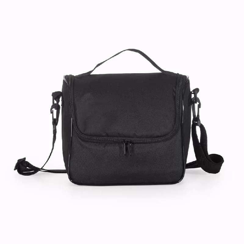Bolsa térmica de nylon 8,5 litros preta com alça de mão e alça de ombro ajustável vista de frente