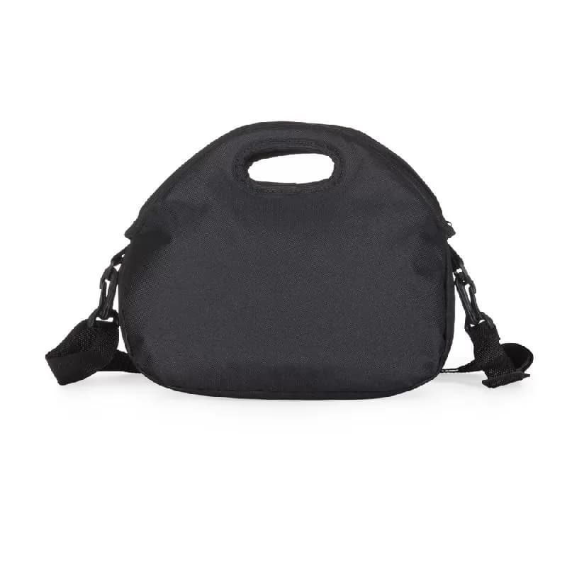 Bolsa térmica 8 litros em nylon preto com alça de mão integrada e alça tiracolo