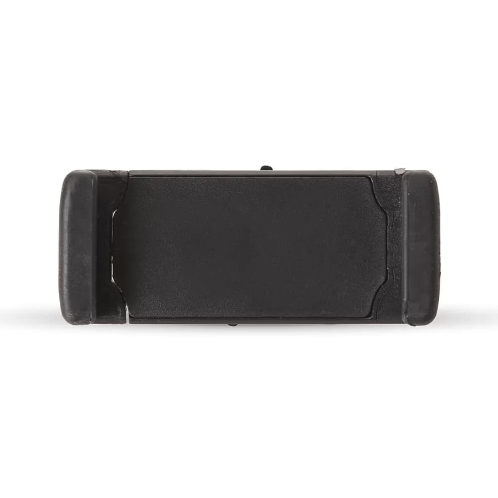 Suporte veicular rotacionável para celular em plástico preto visto de frente em fundo branco