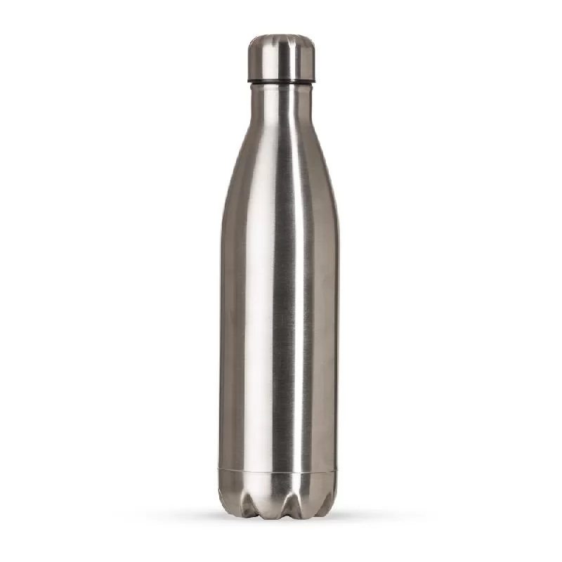 Garrafa térmica inox prata de 750ml em aço inoxidável escovado vista de frente em fundo branco