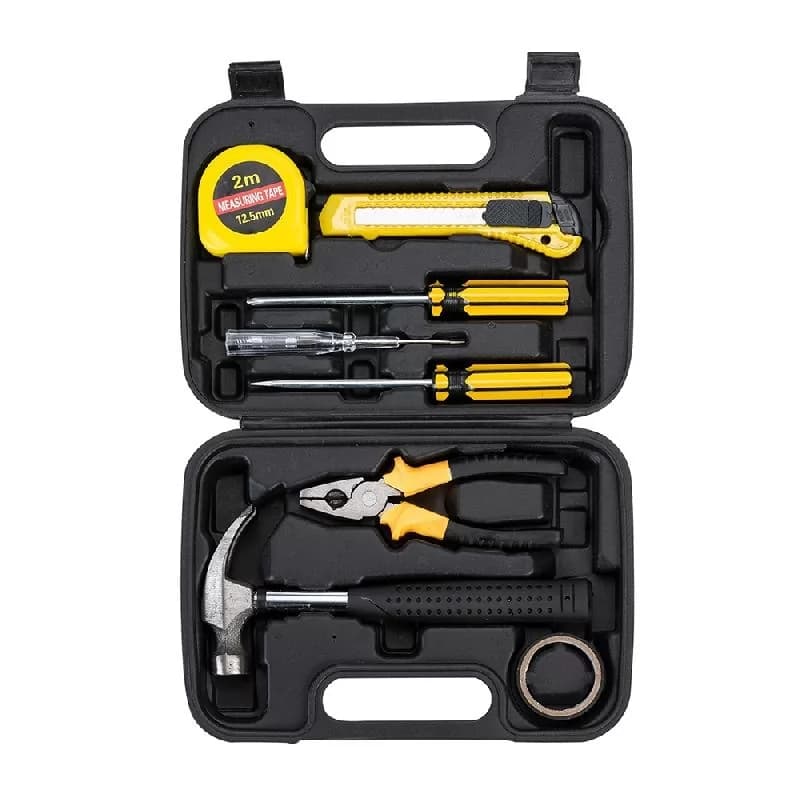 Kit de ferramentas com 8 itens aberto em maleta plástica preta com ferramentas amarelas e pretas