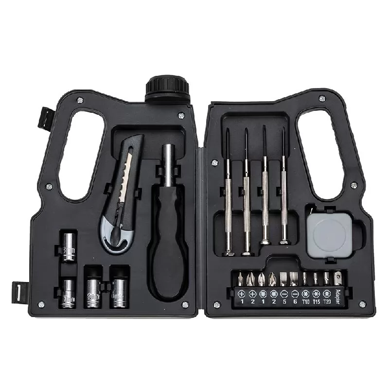 Kit de ferramentas com 21 itens aberto em estojo plástico preto com estilete, chaves e soquetes