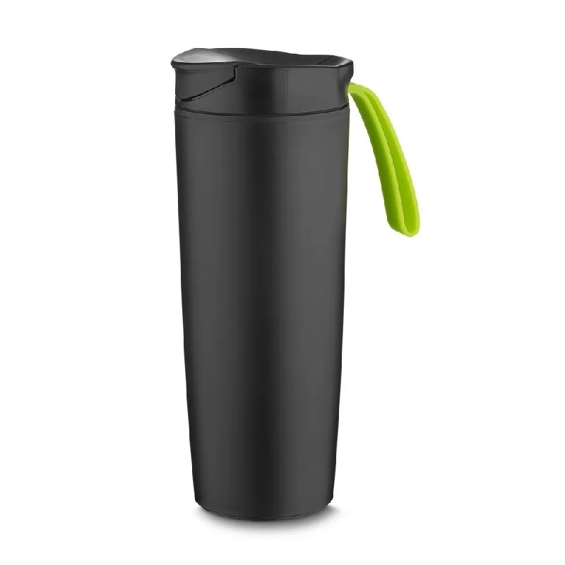 Copo plástico 400ml resistente a quedas preto com alça verde em fundo branco