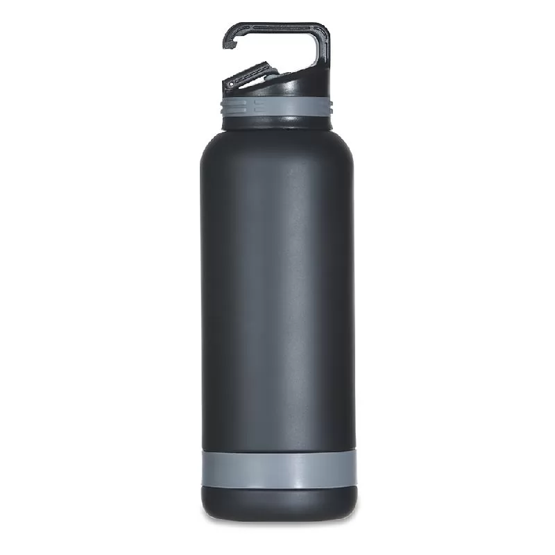 Garrafa térmica de 700ml preta com detalhe cinza na base e tampa com bico e alça