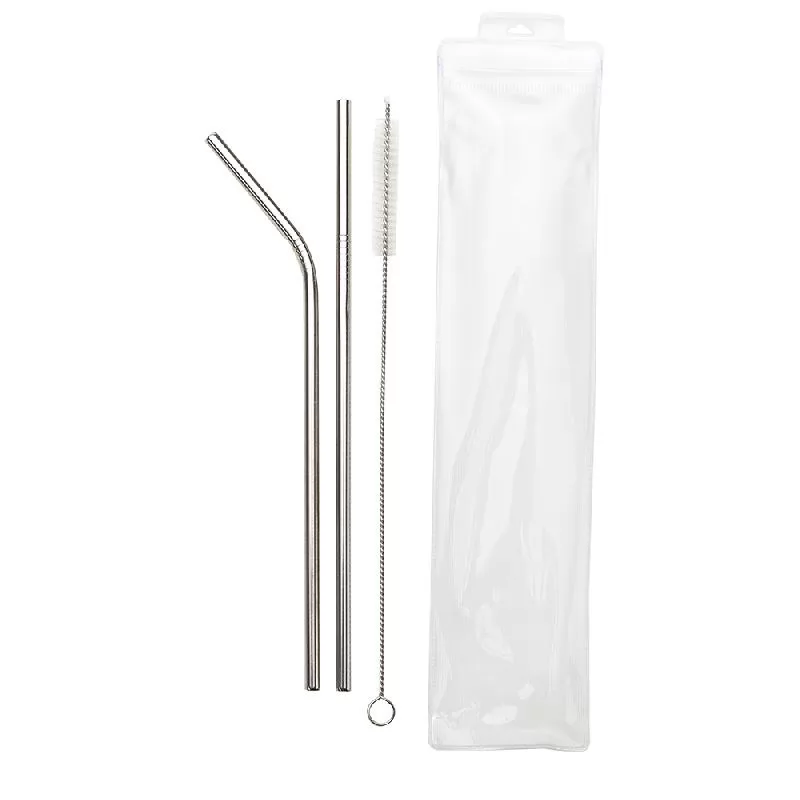 Kit de canudos de inox com canudo curvado, canudo reto, escova de limpeza e estojo transparente