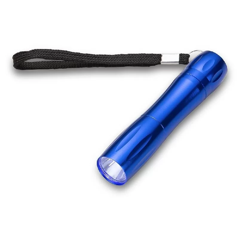 Lanterna de alumínio na cor azul com cordão de mão preto em fundo branco