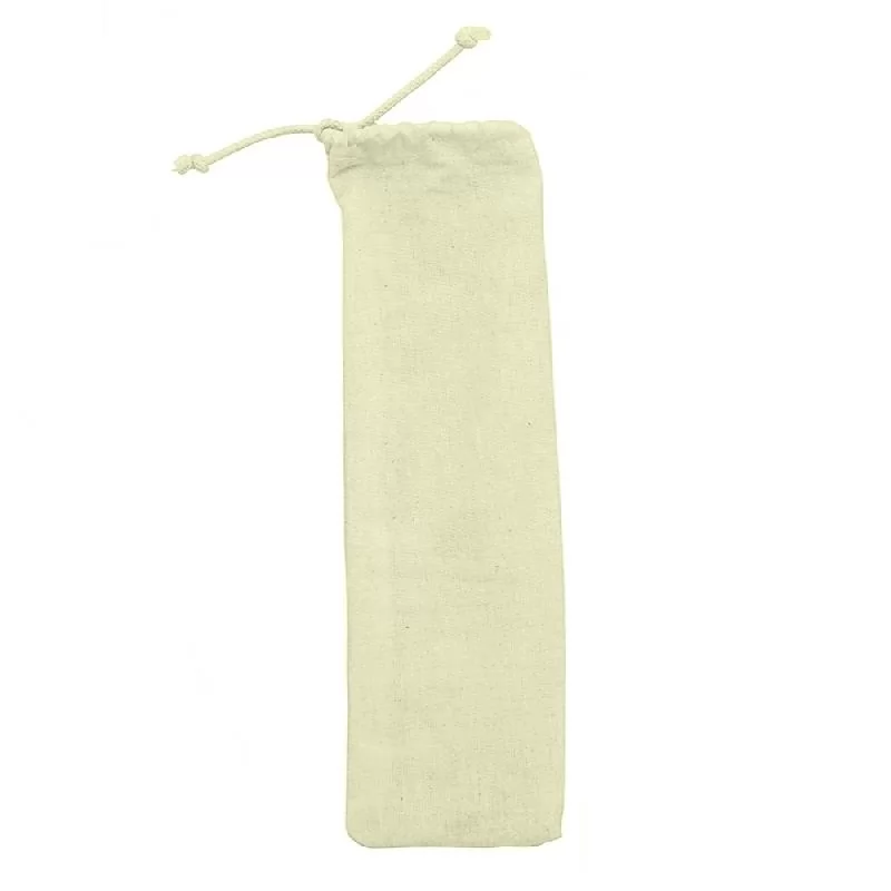 Estojo para canudo em tecido bege com cordão de ajuste visto de frente em fundo branco