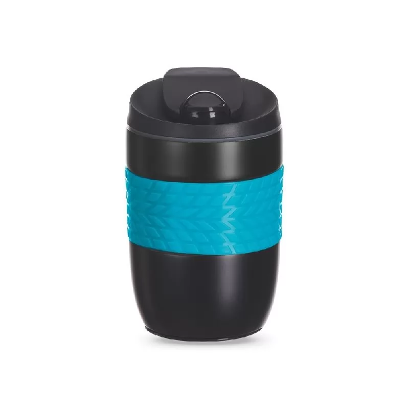 Copo inox 250ml antiqueda preto com faixa central de silicone azul texturizada e tampa