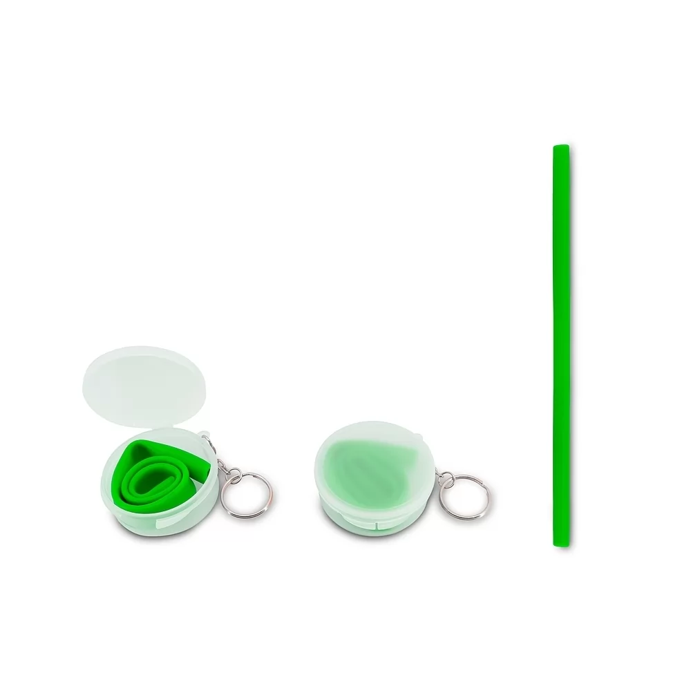 Canudo de silicone verde com estojo translúcido tipo chaveiro, mostrado aberto, fechado e esticado
