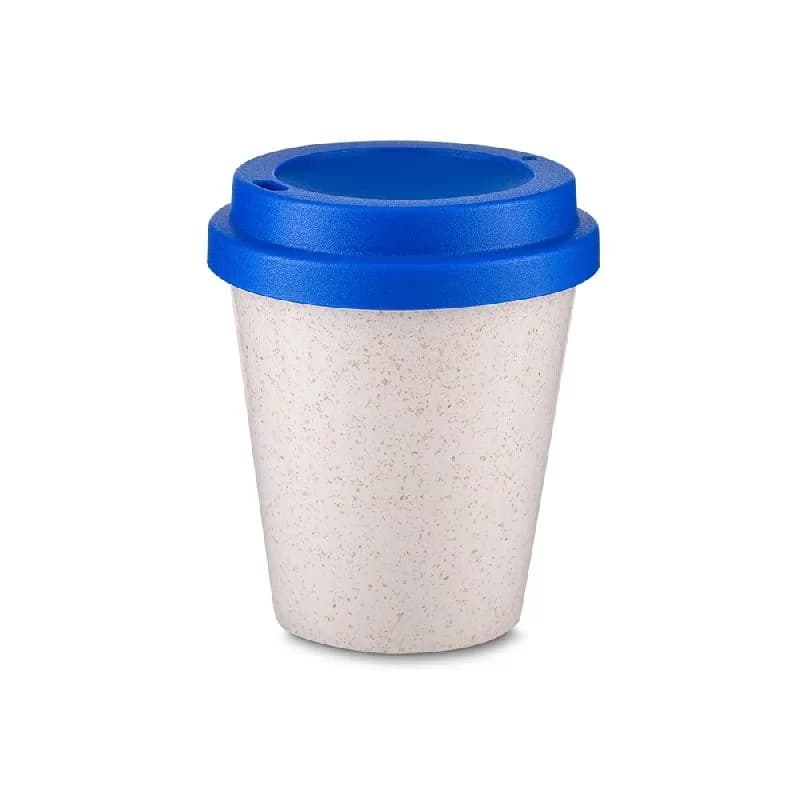 Copo fibra de arroz 350ml bege com tampa azul em vista frontal sobre fundo branco