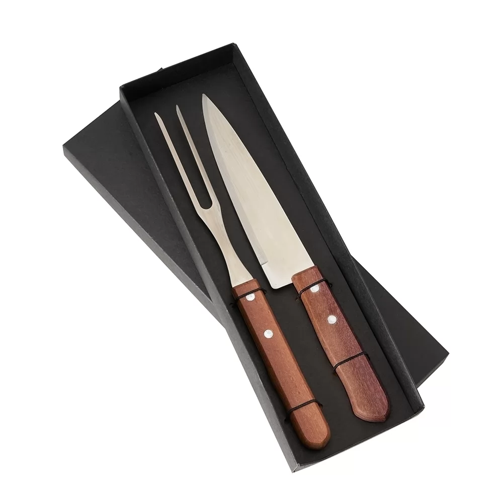 Kit churrasco com faca e garfo de inox com cabo de madeira em estojo preto