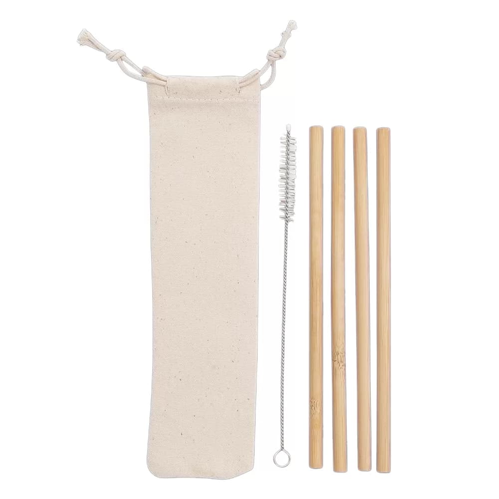 Kit de canudos de bambu com escova de limpeza e saquinho de tecido cru
