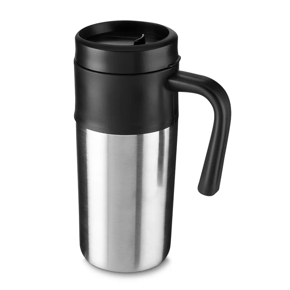 Caneca de inox 350ml prateada com tampa e alça de plástico preto sobre fundo branco